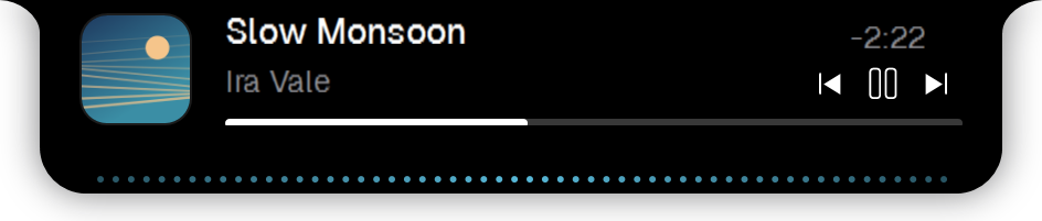 A song playing in the notch with album art, a progress bar and playback controls.