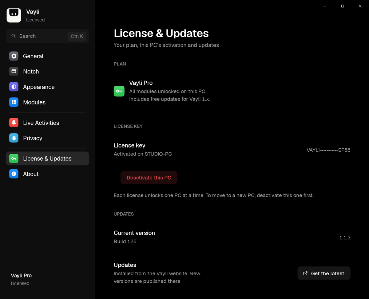 Vayli Settings, License & Updates: Vayli Pro active on this PC, with Deactivate this PC.