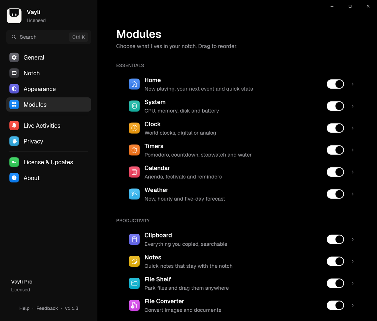 Vayli Settings, Modules page: switch each tool on or off and drag to reorder.