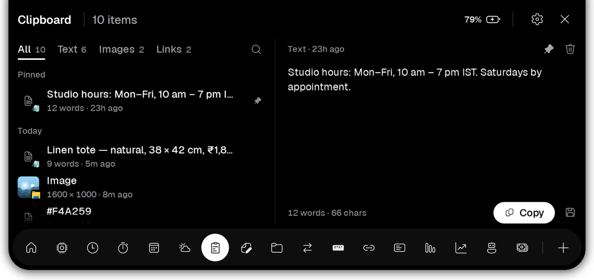 Vayli Clipboard: a pinned note, recent text, a copied photo and links, with a preview of the selected item.