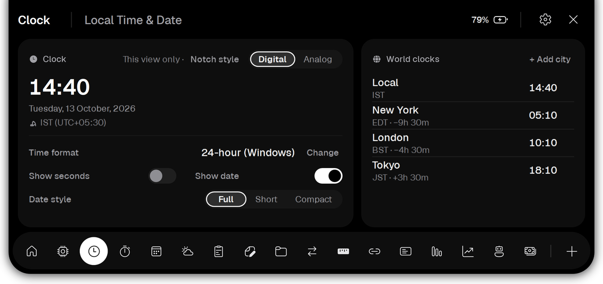 Vayli Clock with local time in India and world clocks for New York, London and Tokyo.
