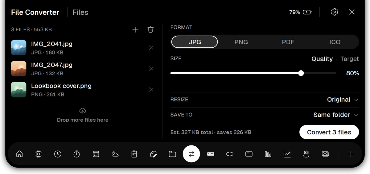 Vayli File Converter with three photos queued for JPG and an estimate of the space saved.