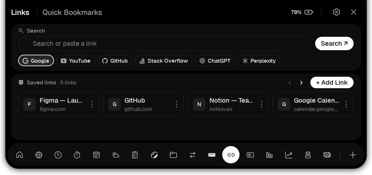Vayli Links with a search box, search engine choices and saved links.