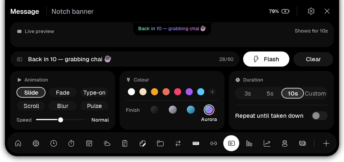 Vayli Message with the banner "Back in 10, grabbing chai" in an aurora colour and its animation options.