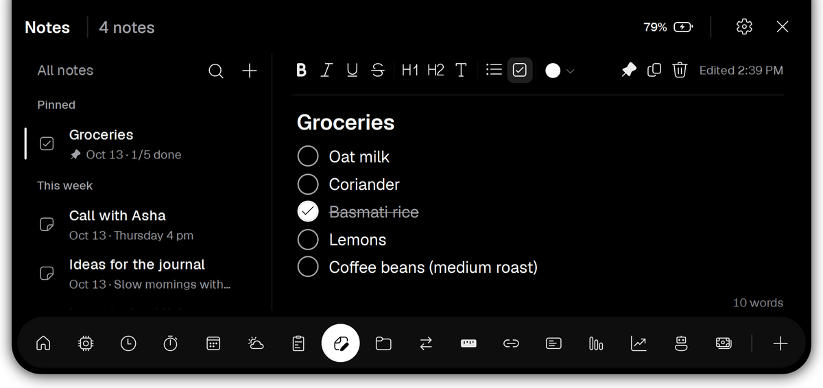 Vayli Notes with a pinned grocery checklist open beside a list of notes.