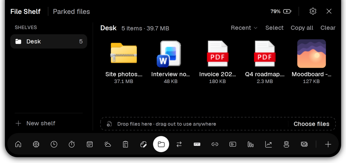 Vayli File Shelf holding a zip, a Word document, two PDFs and a moodboard image.