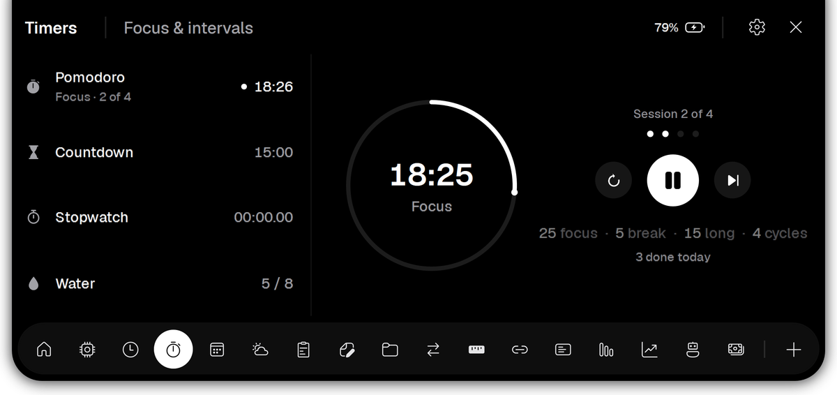 Vayli Timers running a 25-minute focus session, session 2 of 4, with 18 minutes left.
