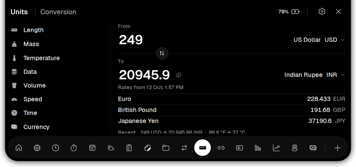 Vayli Units converting 249 US dollars to Indian rupees, with recent conversions below.